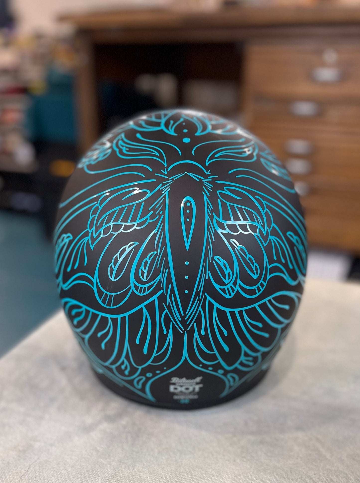 Moth and Henna Custom Biltwell  Helmet, Size Med, Hand Painted, Pinstriping