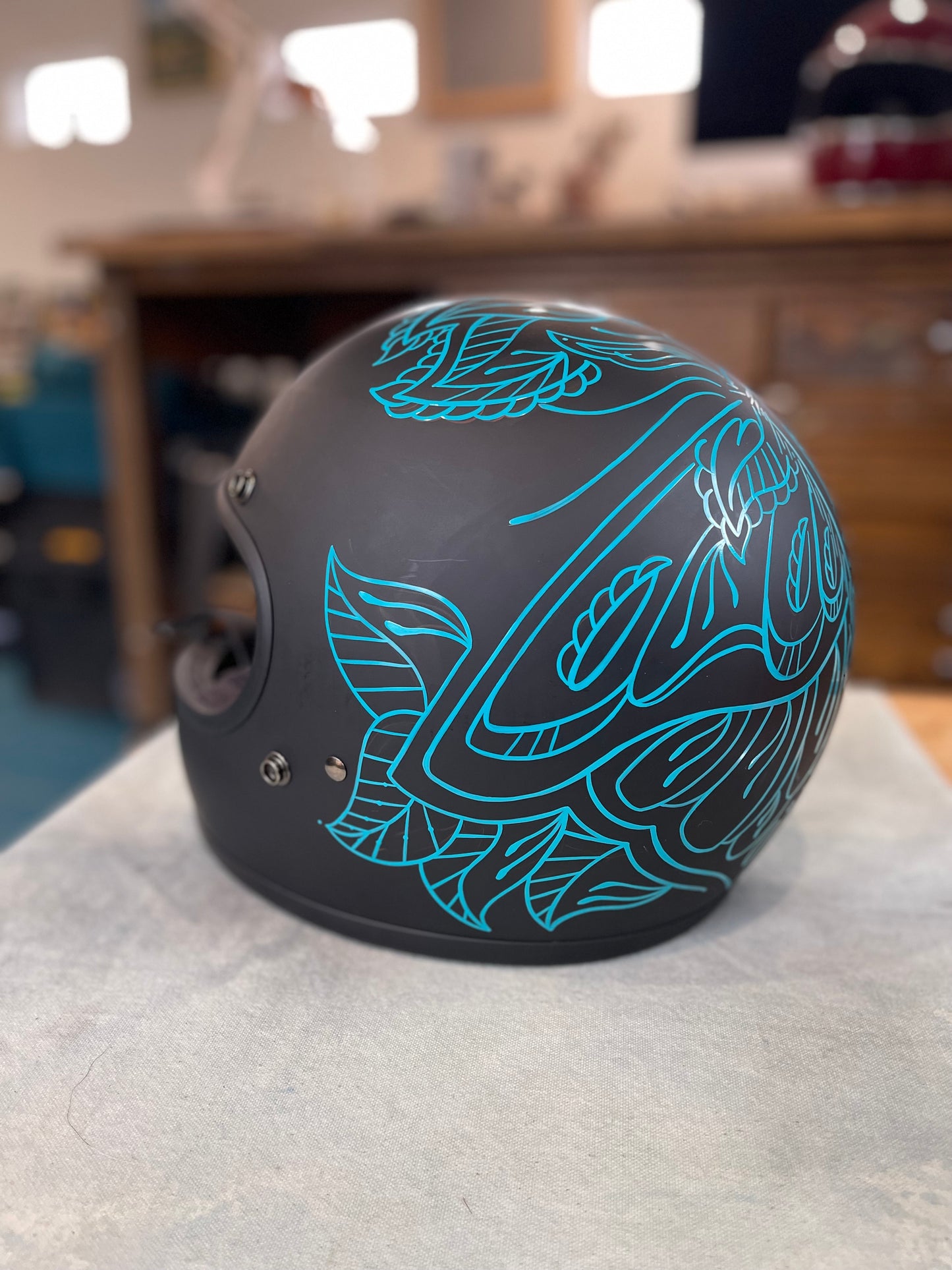 Moth and Henna Custom Biltwell  Helmet, Size Med, Hand Painted, Pinstriping