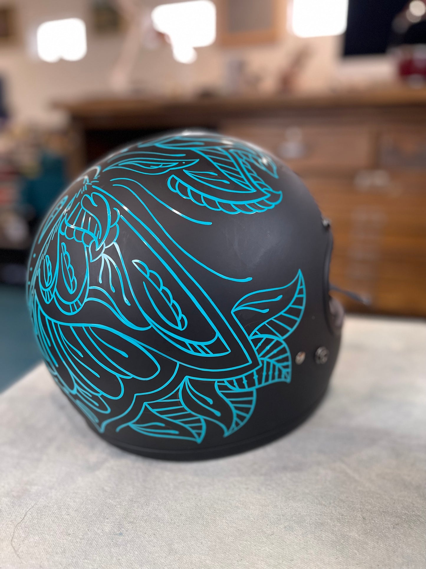 Moth and Henna Custom Biltwell  Helmet, Size Med, Hand Painted, Pinstriping